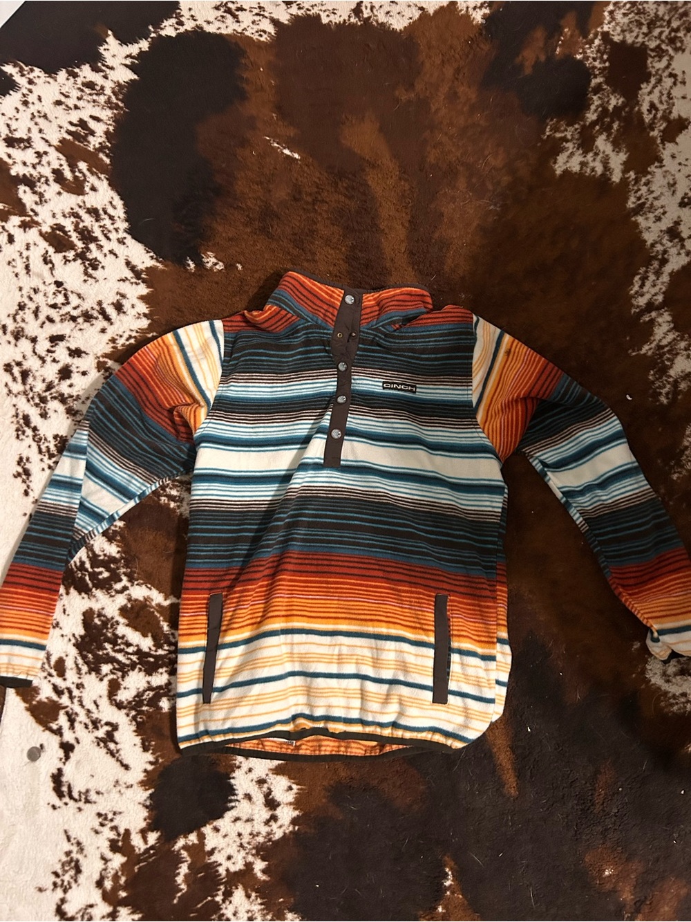 Cinch Striped Pullover Jacket in Teal, Orange, Brown, Cream
